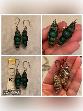 Vintage Artist Crafted Sterling Silver & Malachite Peapod Earrings